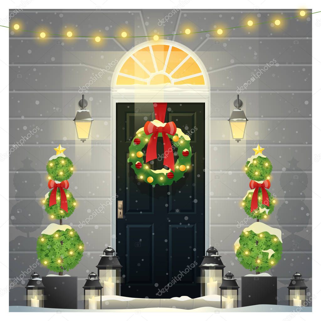 Merry Christmas and Happy New Year background with decorated Christmas front door , vector , illustration