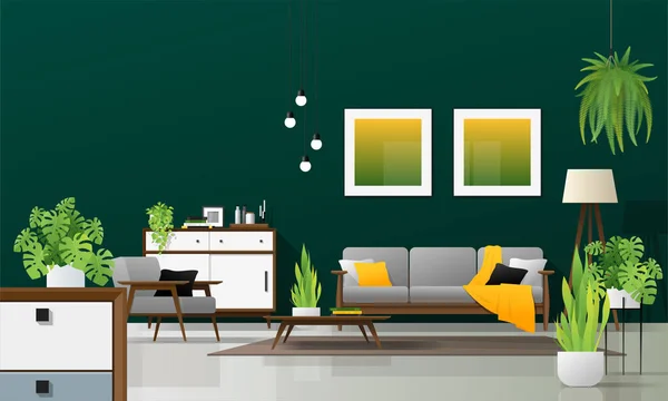 Fondo Interior Sala Estar Moderna Concepto Natural Con Muebles Madera — Vector de stock