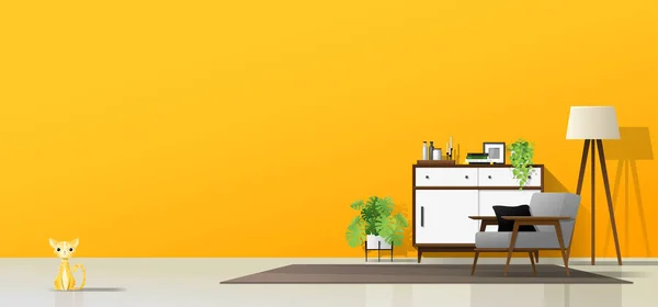 Modernes Wohnzimmer Mit Holzmöbeln Pflanzen Katze Und Gelbem Wandhintergrund Vektor — Stockvektor