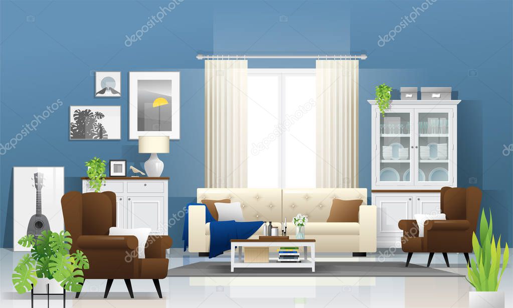 Living room background with wooden furniture , plants and blue wall  in modern rustic style , vector , illustration