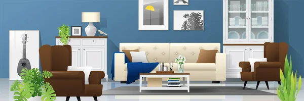 Fondo Del Salón Con Muebles Madera Plantas Pared Azul Estilo — Vector de stock