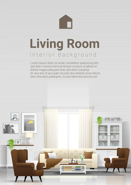 温暖和明亮的客厅背景与家具在现代乡村风格 — 图库矢量图片