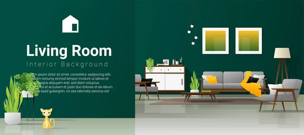 Interior Background Modern Living Room Natural Concept Wooden Furniture Plants — Stock Vector