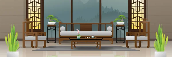 中国風 ベクトル イラストの家具と高級リビング ルーム インテリアの背景 — ストックベクタ