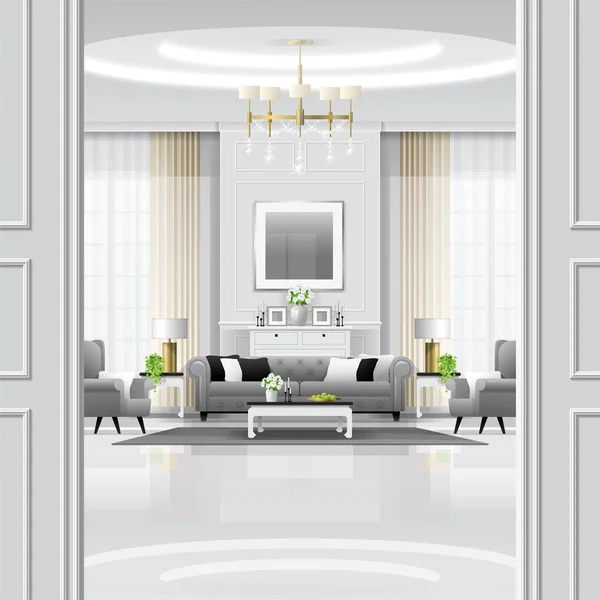 Luxe Woonkamer Interieur Achtergrond Met Meubilair Klassieke Stijl Vector Illustratie — Stockvector