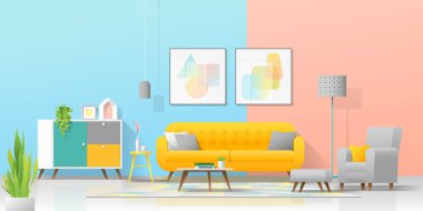 Sıcak renkli oturma odası, vektör, illüstrasyon iç arka plan