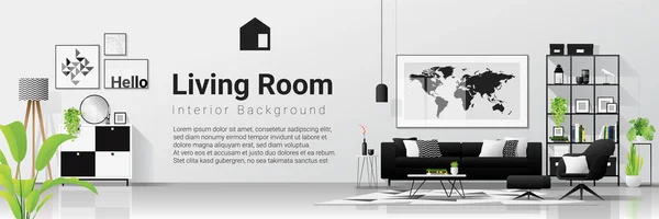 Fundo Interior Com Sala Estar Estilo Moderno Preto Branco Escandinavo —  Vetores de Stock