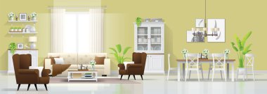 Modern rustik ev iç arka oturma ve yemek odası kombinasyonu, vektör, illüstrasyon
