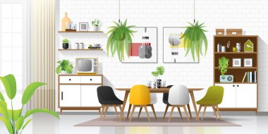 Modern yemek odası, vektör, illüstrasyon iç arka plan