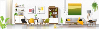 Modern ev iç arka oturma ve yemek odası kombinasyonu, vektör, illüstrasyon