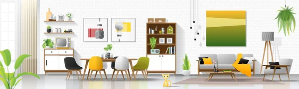 Modern Huis Interieur Achtergrond Met Woon Eetkamer Combinatie Vector Illustratie — Stockvector