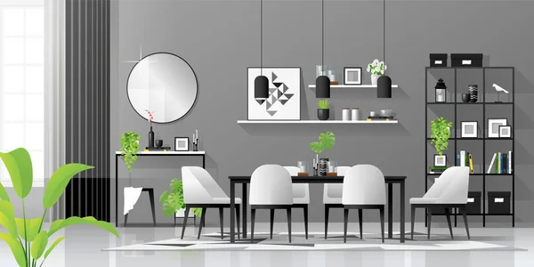 Innenhintergrund Mit Esszimmer Modernen Skandinavischen Schwarz Weiß Stil Vektor Illustration — Stockvektor