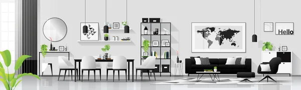 Casa Moderna Fondo Interior Con Salón Comedor Combinación Estilo Escandinavo — Vector de stock