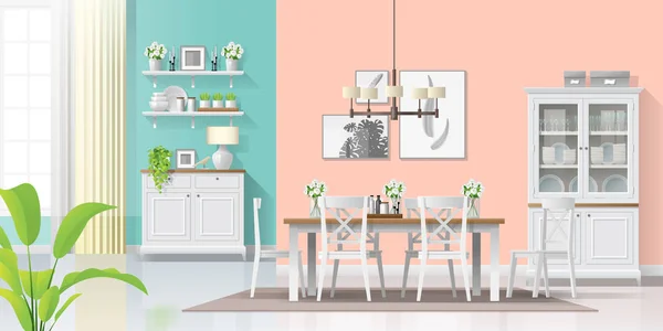 Interieur Achtergrond Met Kleurrijke Eetkamer Modern Landelijke Stijl Vector Illustratie — Stockvector