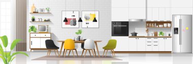 Modern ev mutfak ve yemek odası kombinasyonu, vektör, illüstrasyon iç arka plan