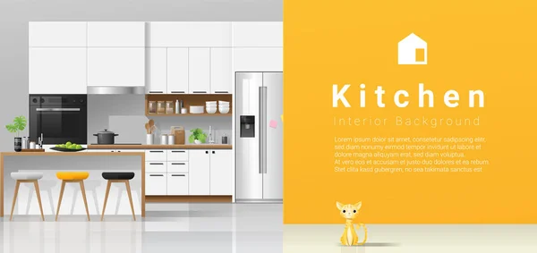 Moderne Witte Keuken Met Gele Muur Achtergrond Vector Illustratie — Stockvector