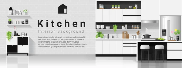Fundo Interior Com Cozinha Moderna Preto Branco Vetor Ilustração —  Vetores de Stock