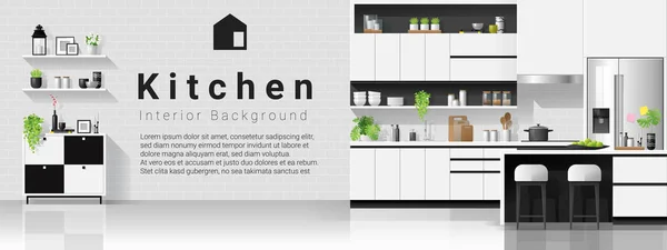 Fondo Interior Con Cocina Moderna Blanco Negro Vector Ilustración — Vector de stock