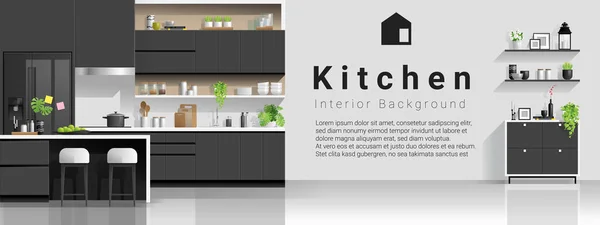Interieur Achtergrond Met Moderne Zwarte Witte Keuken Vector Illustratie — Stockvector