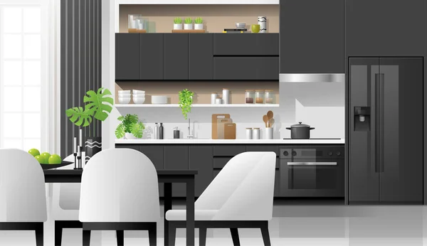 Fondo Interior Con Cocina Moderna Blanco Negro Vector Ilustración — Vector de stock