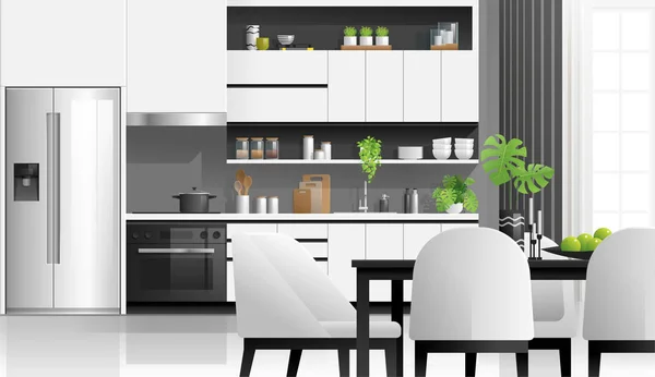 Sfondo Interno Con Cucina Moderna Bianco Nero Vettore Illustrazione — Vettoriale Stock