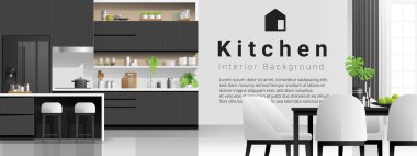 Modern siyah ve beyaz mutfak ile iç arka plan, vektör, illüstrasyon