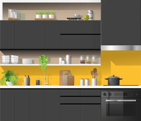 现代黑色厨房与黄色背景 — 图库矢量图片