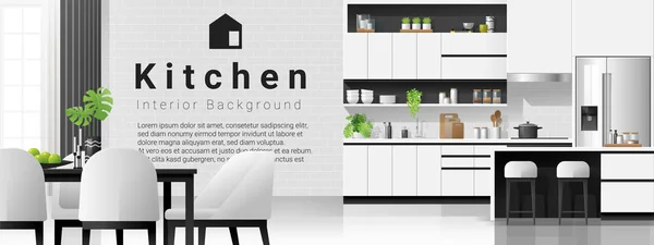 Fundo Interior Com Cozinha Moderna Preto Branco Vetor Ilustração — Vetor de Stock