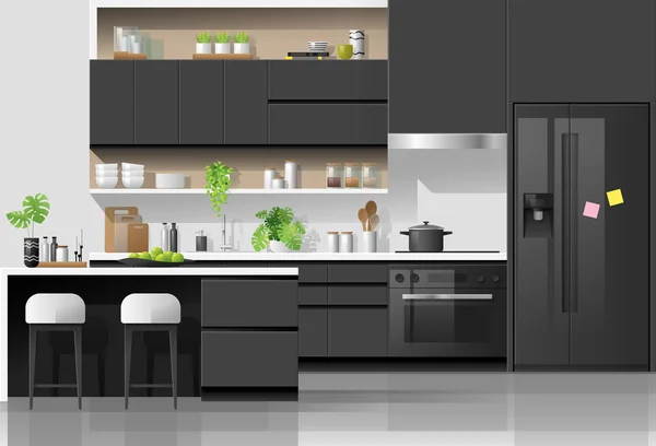 内部背景与现代黑白厨房 — 图库矢量图片