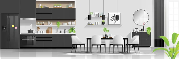 キッチンとダイニングルームの組み合わせ ベクトル イラストとモダンな黒と白の家のインテリアの背景 — ストックベクタ