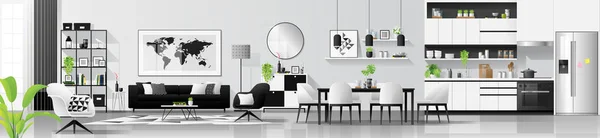 Moderne Zwart Wit Interieur Achtergrond Met Woonkamer Eetkamer Keuken Combinatie — Stockvector