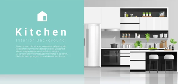Moderne Zwart Wit Keuken Met Kleurrijke Muur Achtergrond Vector Illustratie — Stockvector