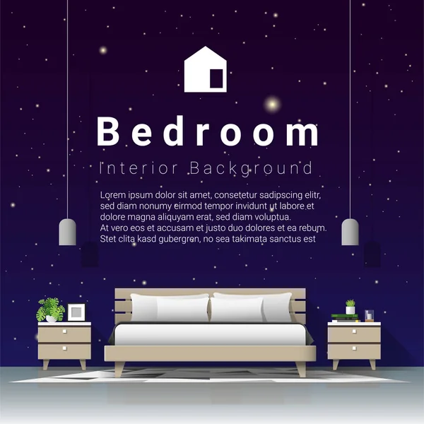 Modernes Schlafzimmer Mit Nachthimmel Hintergrund Vektor Illustration — Stockvektor