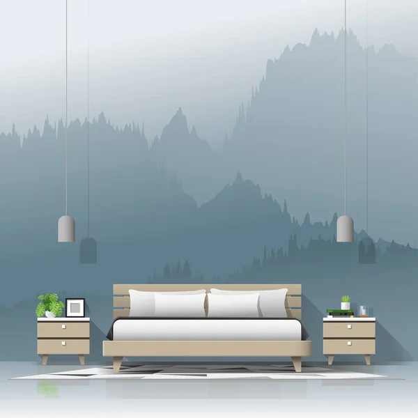 Kamar Tidur Modern Dengan Latar Belakang Wallpaper Lanskap Gunung Vektor - Stok Vektor