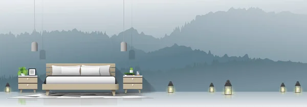 山の風景の壁紙の背景 ベクトル イラストとモダンなベッドルーム — ストックベクタ