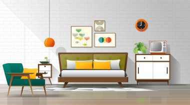 Orta yüzyıl modern yatak odası ile Vintage iç arka plan , vektör , illüstrasyon