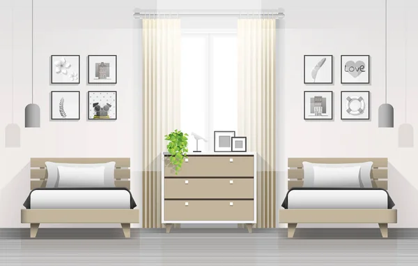 Fondo Interior Dormitorio Moderno Con Dos Camas Individuales Vector Ilustración — Vector de stock