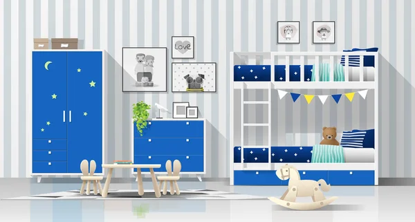 Innenhintergrund Des Modernen Blauen Kinderzimmers Mit Etagenbett Vektor Illustration — Stockvektor