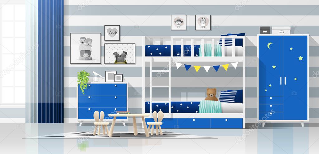 Interior background of modern blue kids bedroom with bunk bed , vector , illustration