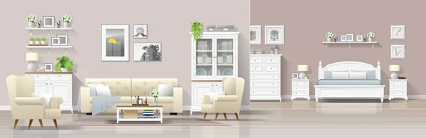 现代乡村住宅内部背景与客厅和卧室组合 — 图库矢量图片