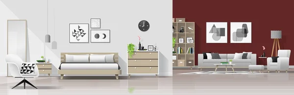 现代房屋内部背景与卧室和客厅组合 — 图库矢量图片
