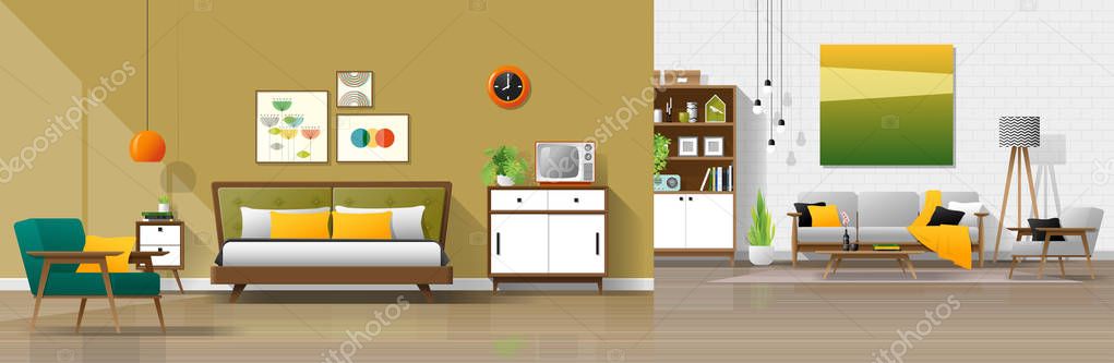 Vintage house interior background with bedroom and living room combination , vector , illustration