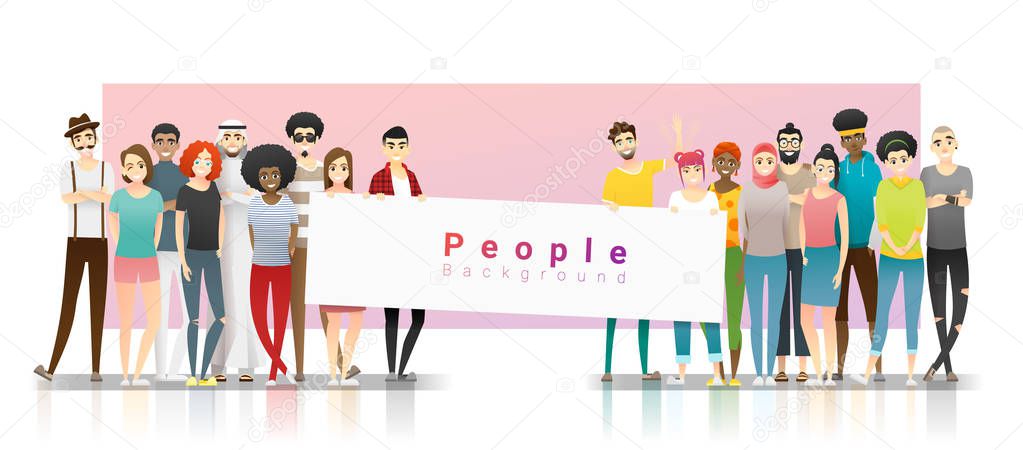 Diversity concept background , group of happy multi ethnic people standing together and holding empty banner , vector , illustration
