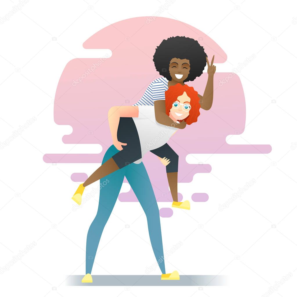 Friendship concept background with two young women having fun together , vector , illustration