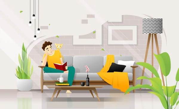 Joyeux Jeune Homme Assis Sur Canapé Lisant Livre Dans Salon — Image vectorielle