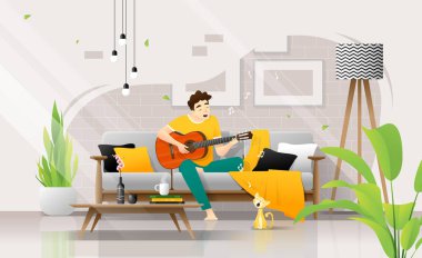 Oturma odasında kanepede gitar çalan mutlu genç adam, evde rahatlatıcı hafta sonu , vektör , illüstrasyon