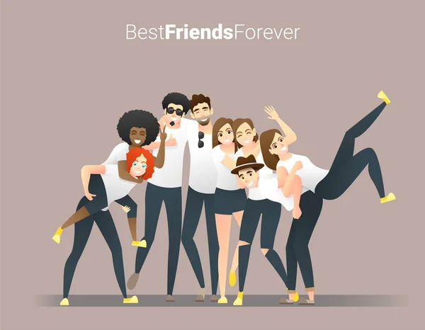 楽しさと一緒に立っている若い友人のグループとの友情の概念 ベクトル イラスト — ストックベクタ