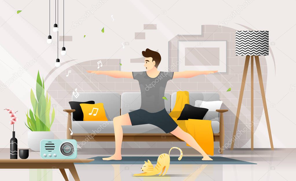 Happy young man practicing yoga in living room, relaxing weekend at home ,vector , illustration