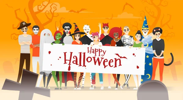 Skupina Dospívání Kostýmech Halloweenu Doprovodné Tabule Textem Šťastný Halloween Hřbitově — Stockový vektor
