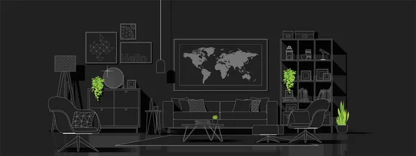 Interior Background Modern Living Room Black White Line Sketch Style — Stock Vector